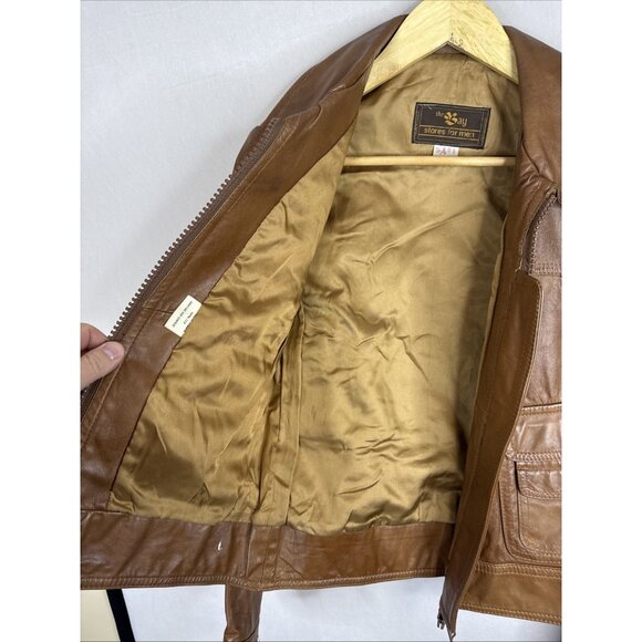 Vintage The Bay 100% Leather Jacket Men 36 Tan Bomber Style 70s Hippie - Picture 8 of 9